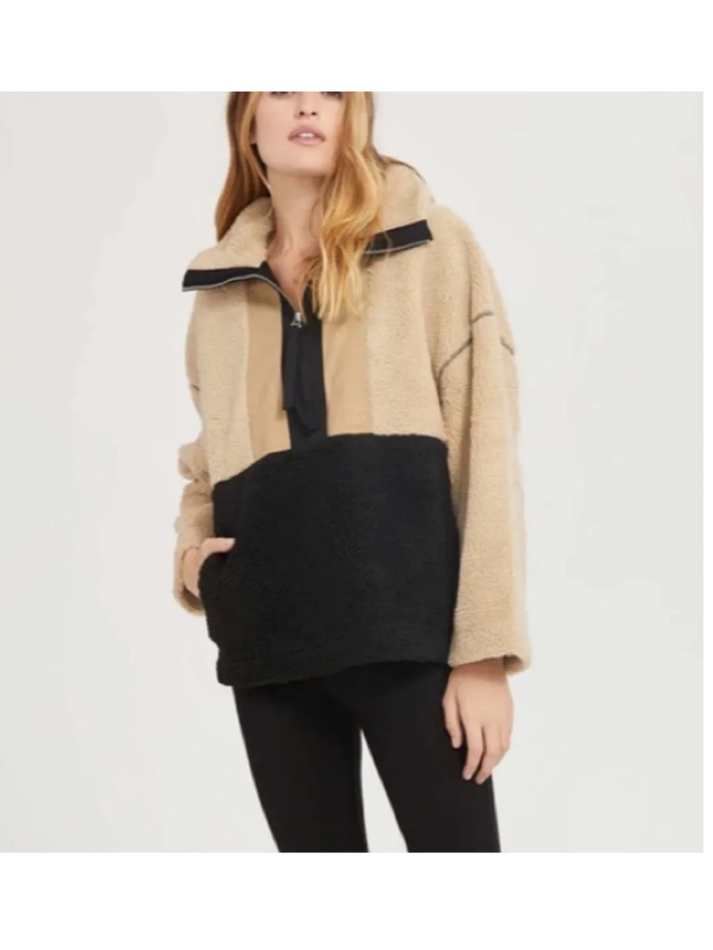 Something Navy Beige and Black Sherpa Half-Zip Pullover Jacket